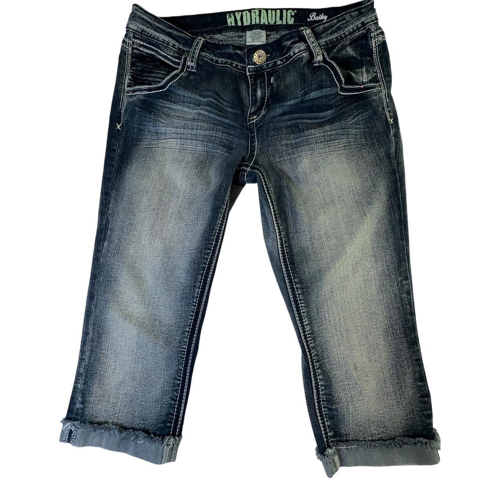 Hydraulic Jeans Womens/Jr Sz 11/12 Blue Embroidered Flap Pocket Frayed Hem BOHO